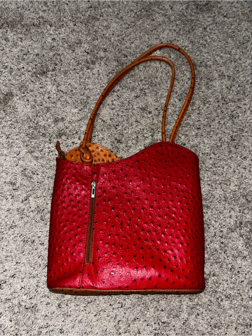 Red Ostrich Leather Shoulder Bag - Made in Italy